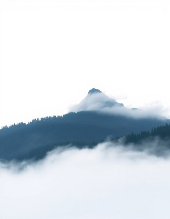 Mountain landscape with fog on the top of the hill. White background.の写真素材