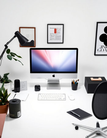 Workplace with modern computer on white table. 3d rendering.