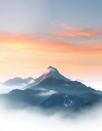 Beautiful mountain landscape with clouds at sunrise. View from the top of the mountain.