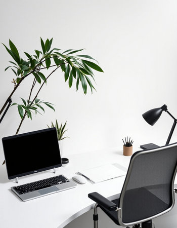 workplace with computer and plant on white table, modern office interiorの写真素材