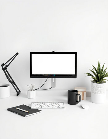 Minimal workspace with computer, stationery and coffee cup on white background. 3d render