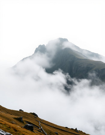 Mountain landscape with clouds and fog. Caucasus Mountains, Georgia.