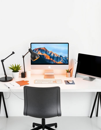 modern workplace with computer, chair and lamp on table.