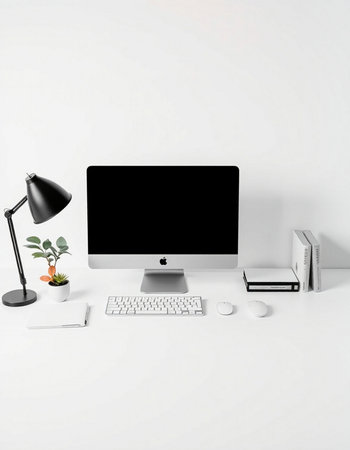 workplace with computer, mouse, lamp, books and plant on white background