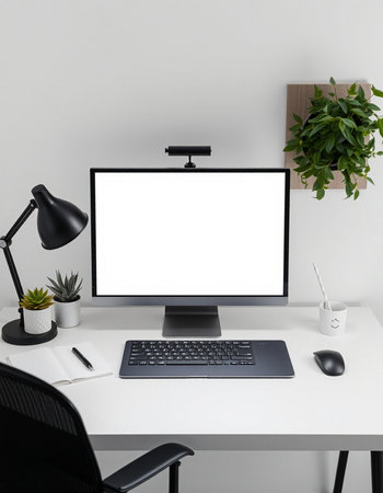 workplace with blank screen computer, keyboard, mouse, coffee cup and plant