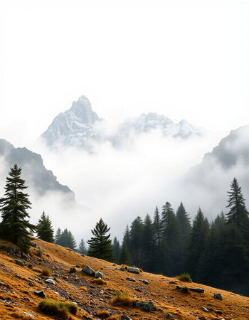 Mountain landscape with coniferous forest and fog in the morning