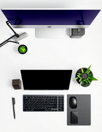 Top view of modern workplace with computer, keyboard, mouse and plant on white background