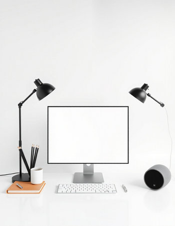 workplace with computer, lamp and stationery. 3d rendering