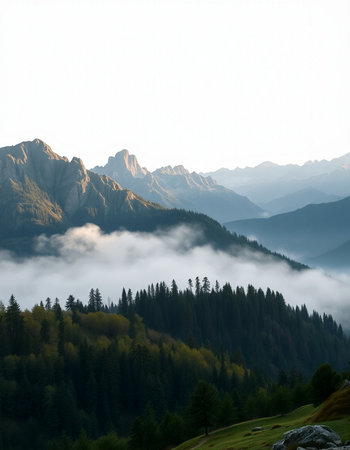 Mountain landscape with fog in the morning. Caucasus Mountains, Georgia.の写真素材
