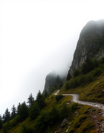 Foggy mountain landscape with a road in the italian alpsの写真素材