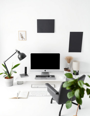 Workplace with computer, lamp and plant in pot on white wall