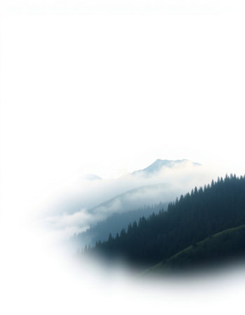 Mountain landscape with fog on the horizon and copyspace.