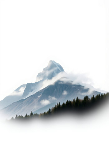 Mountain landscape with forest and fog on white background, Switzerland.
