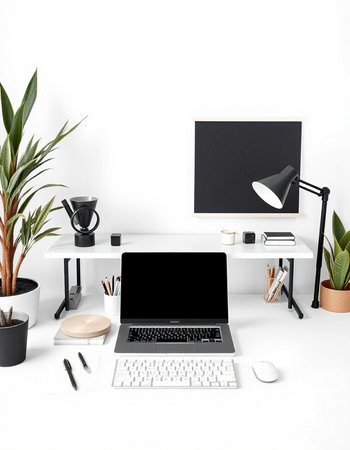 Modern workspace with blank screen laptop, stationery and decorations on white background. Mock up,...
