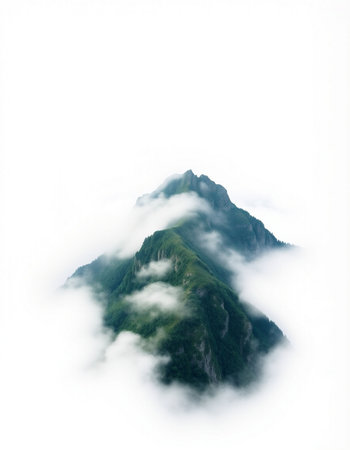 Mountain peak in the clouds on a white background. View from above.