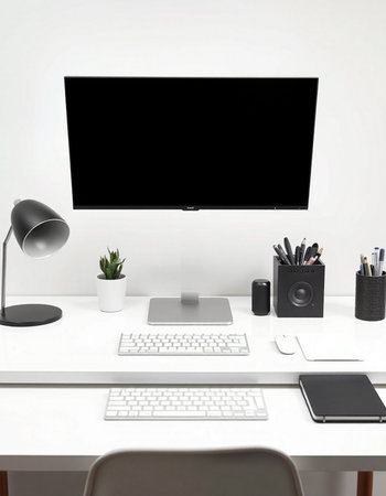 Modern workspace with blank screen computer, keyboard, mouse, stationery and copy space. Mock up, 3D...