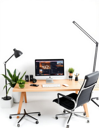 workplace with computer, chair and lamp on the white wall background
