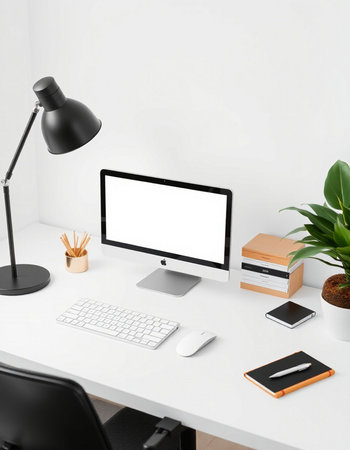 Workplace with blank screen computer, keyboard, mouse, stationery and potted plant on white table