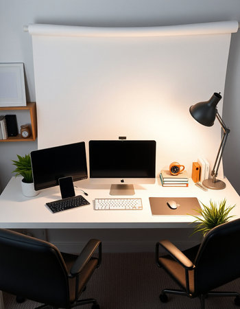 Modern workplace with computer, lamp and other objects on table. 3d render