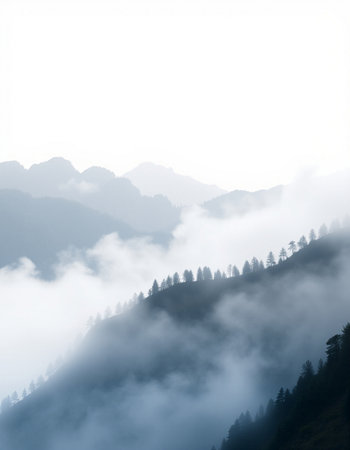 Foggy morning in the mountains with trees in the foreground.の写真素材