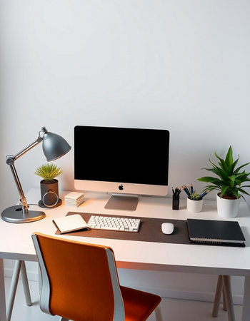 Modern workspace with computer, supplies and decorations. 3D Renderingの写真素材