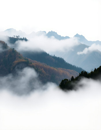 Foggy mountain landscape with coniferous forest in the foreground