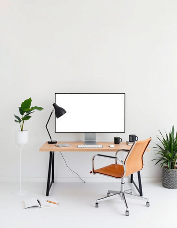 Modern workspace with computer, keyboard, coffee table, chair and plants on white wall background