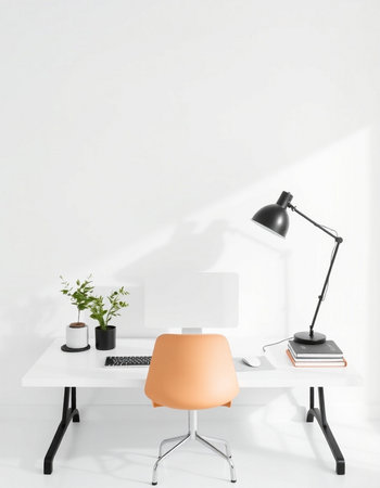 Minimalistic office interior with empty white wall, chair, computer and plant. 3d render