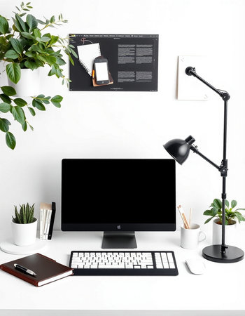 Modern workspace with blank computer screen, stationery and decorations. Mock up, 3D Rendering