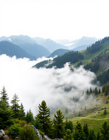 Mountain landscape with fog and coniferous forest in the foreground