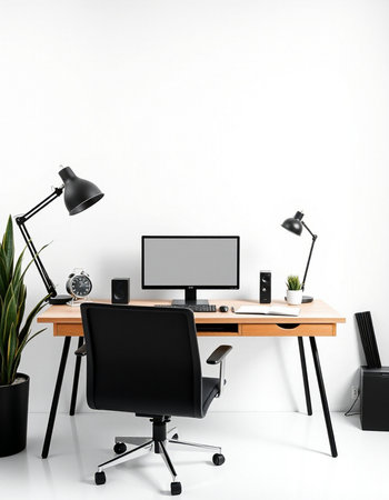 3d render of working desk with computer and lamp. Workplace concept