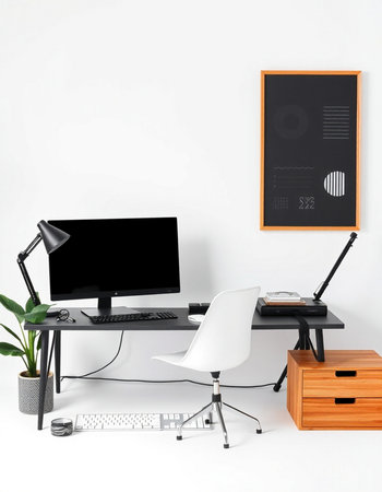 Modern workspace with computer, keyboard, mouse and lamp on white background