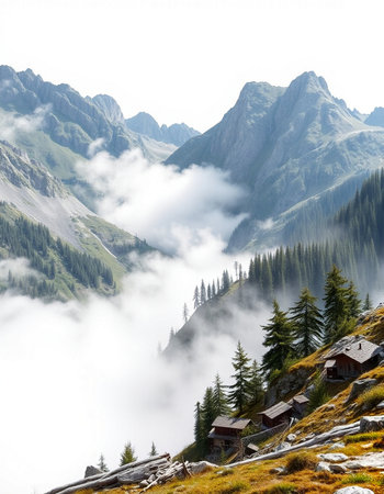 Mountain landscape with a small wooden house in the middle of the valley