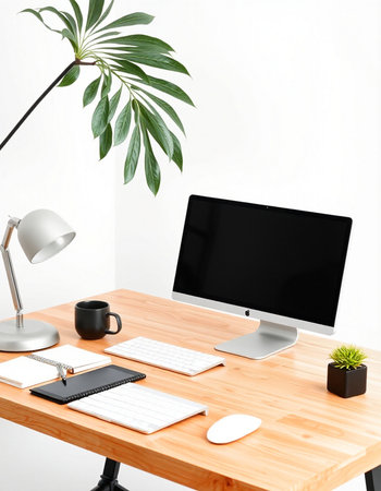 workplace with computer, keyboard, mouse, coffee cup and plant