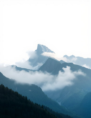 Mountain landscape with fog in the morning. Caucasus Mountains, Georgia.の写真素材