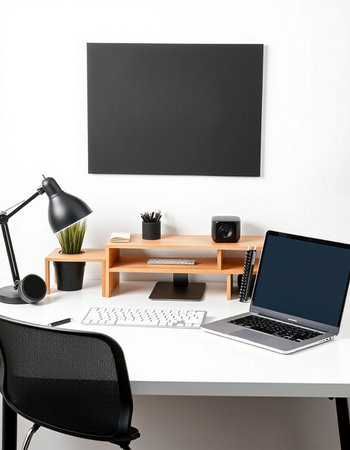 Interior of modern home office with white walls, wooden floor, white computer desk and black chair. Mock upの写真素材
