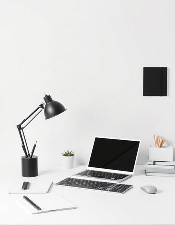 Minimalistic workspace with laptop, coffee cup and stationery on white table. Mock up, 3D Renderingの写真素材