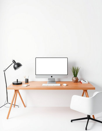 workplace with computer, lamp and plant on the table. 3d rendering