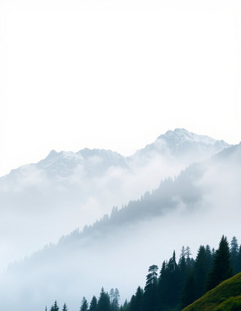 foggy mountain landscape with pine trees in the foreground on a foggy day