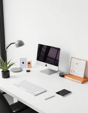 Modern workspace with computer, tablet, smartphone and other items.