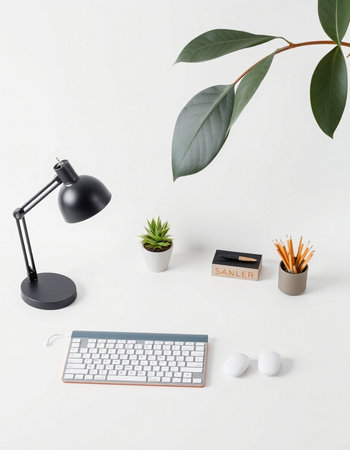Minimal workspace with keyboard, mouse, coffee cup and plants on white backgroundの写真素材