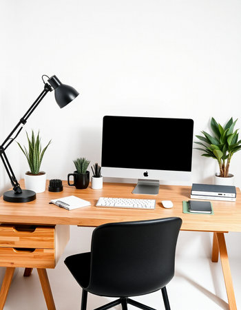 Interior of modern workplace with computer on wooden table and black chairの写真素材