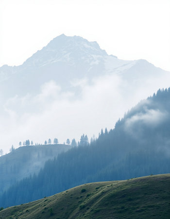 Mountain landscape with fog in the morning. Caucasus, Georgia.