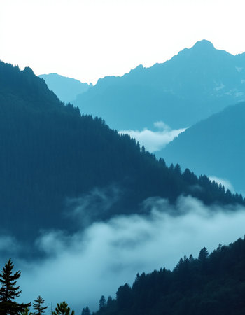 Mountain landscape with fog in the morning. Himalayas, Nepal