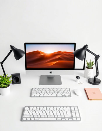 Modern desktop with computer, mouse, keyboard and other items. 3D rendering.の写真素材