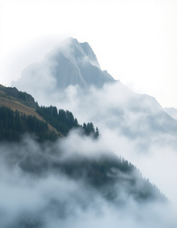 Mountain landscape with clouds and fog in Dolomites, Italy