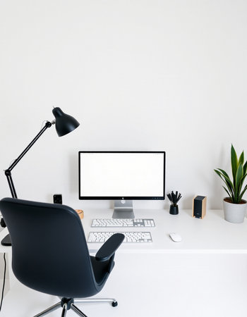 Minimalistic workspace with computer, keyboard, mouse and other items. Workplace concept