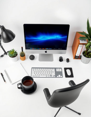 3D Rendering: modern workspace with computer, keyboard, coffee cup and other items