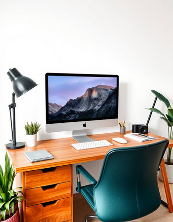 workplace with computer, lamp, chair and plant. 3d rendering