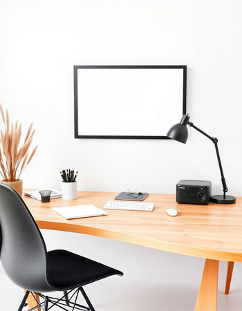 Modern workplace with blank picture frame on the wall. 3D Rendering